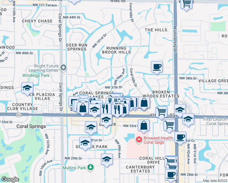 map of restaurants, bars, coffee shops, grocery stores, and more near 3665 Northwest 99th Terrace in Coral Springs