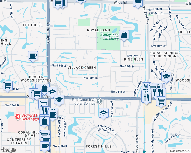 map of restaurants, bars, coffee shops, grocery stores, and more near 8703 Northwest 38th Drive in Coral Springs