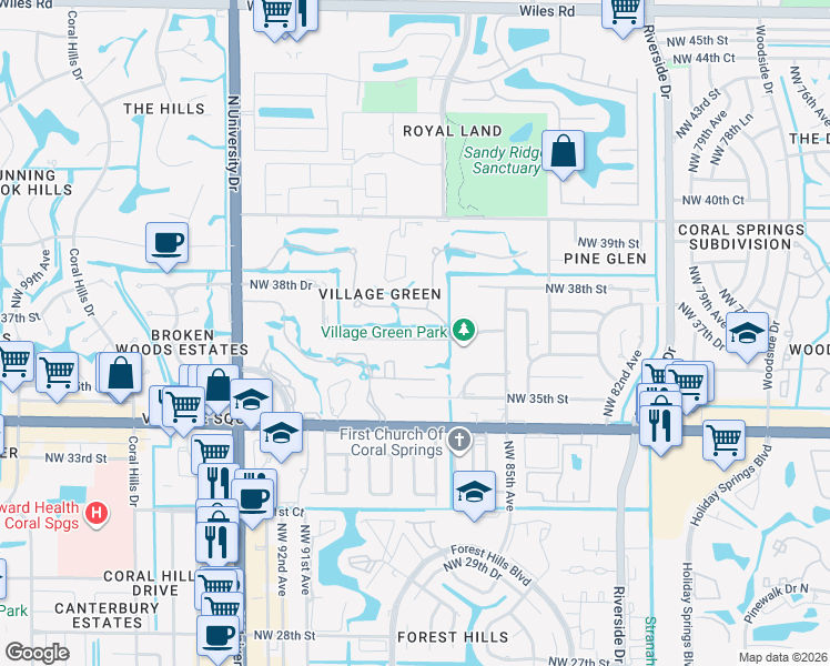 map of restaurants, bars, coffee shops, grocery stores, and more near 8801 Northwest 38th Drive in Coral Springs