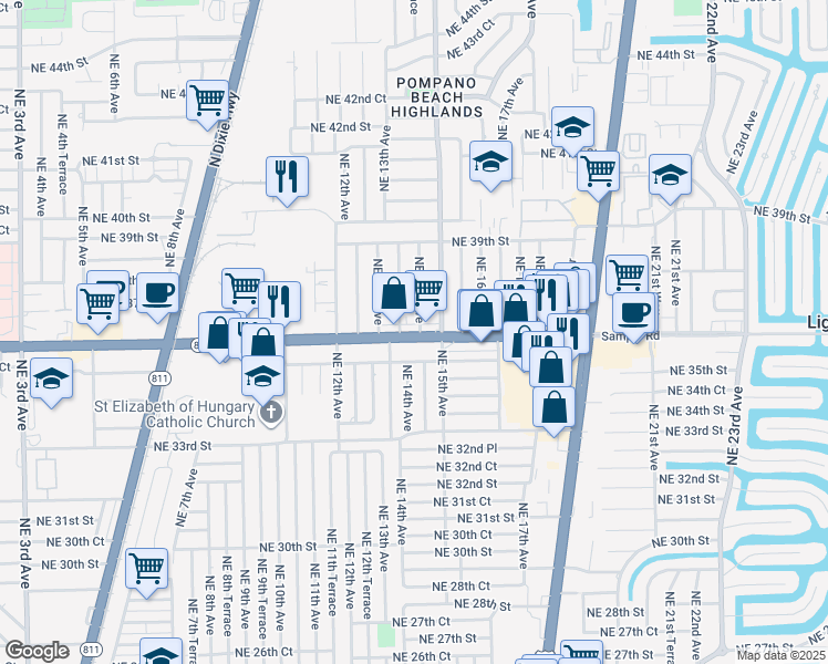 map of restaurants, bars, coffee shops, grocery stores, and more near 1359 Northeast 36th Street in Pompano Beach