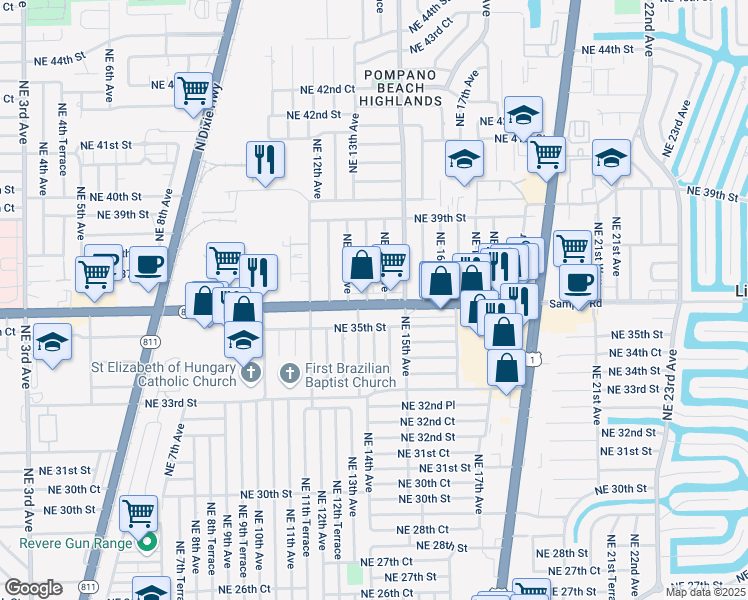 map of restaurants, bars, coffee shops, grocery stores, and more near 1359 Northeast 36th Street in Pompano Beach