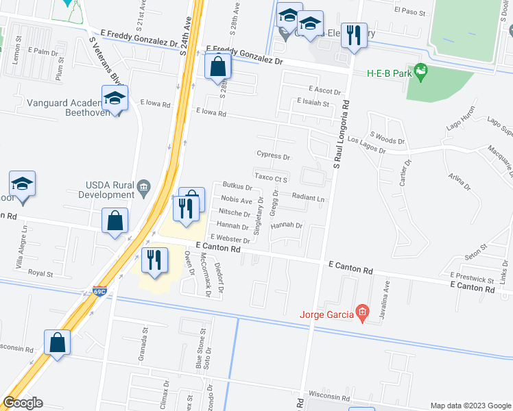 map of restaurants, bars, coffee shops, grocery stores, and more near 2503 Singletary Drive in Edinburg