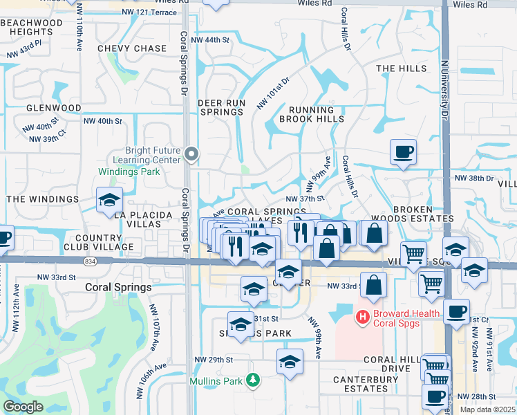 map of restaurants, bars, coffee shops, grocery stores, and more near 3701 Northwest 102nd Avenue in Coral Springs