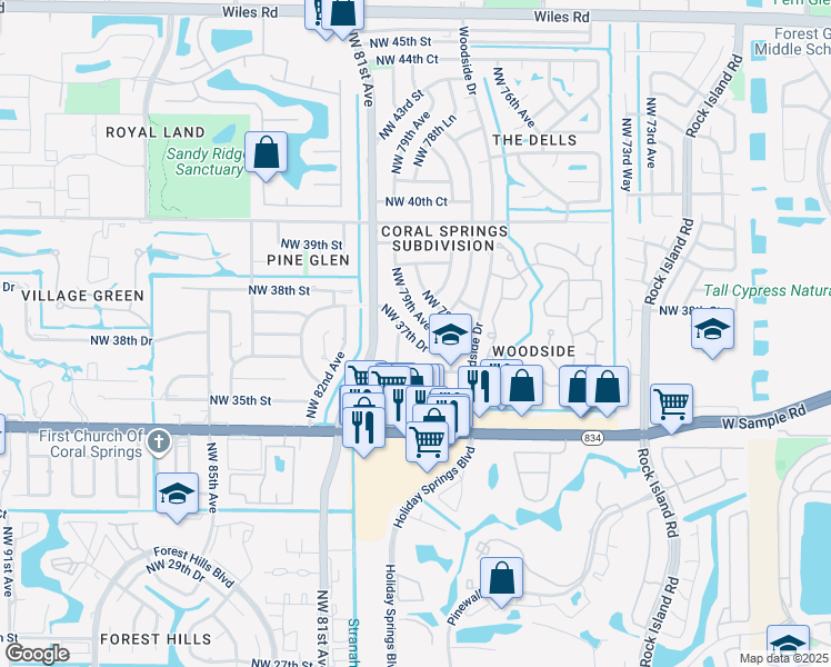 map of restaurants, bars, coffee shops, grocery stores, and more near 7951 Northwest 37th Drive in Coral Springs