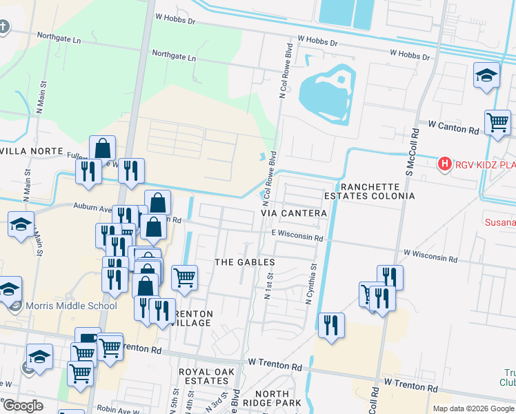map of restaurants, bars, coffee shops, grocery stores, and more near 300 Columbia Avenue in McAllen