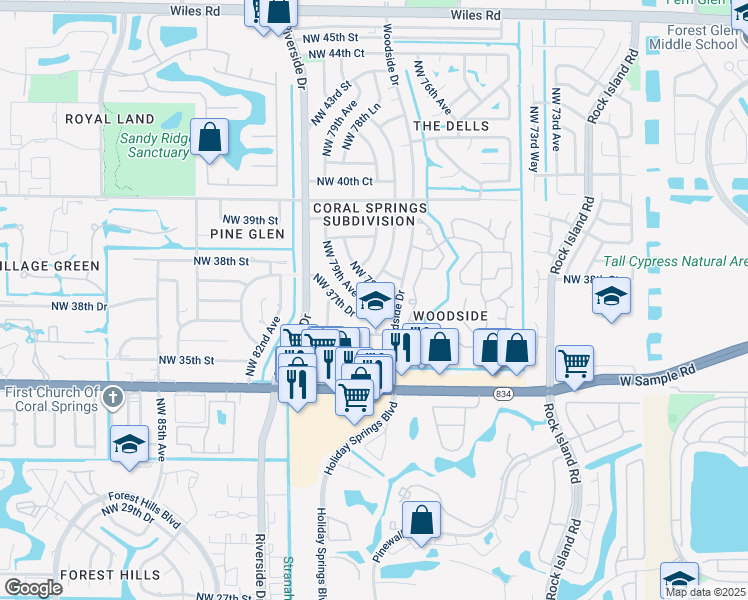 map of restaurants, bars, coffee shops, grocery stores, and more near 3700 Northwest 78th Lane in Coral Springs
