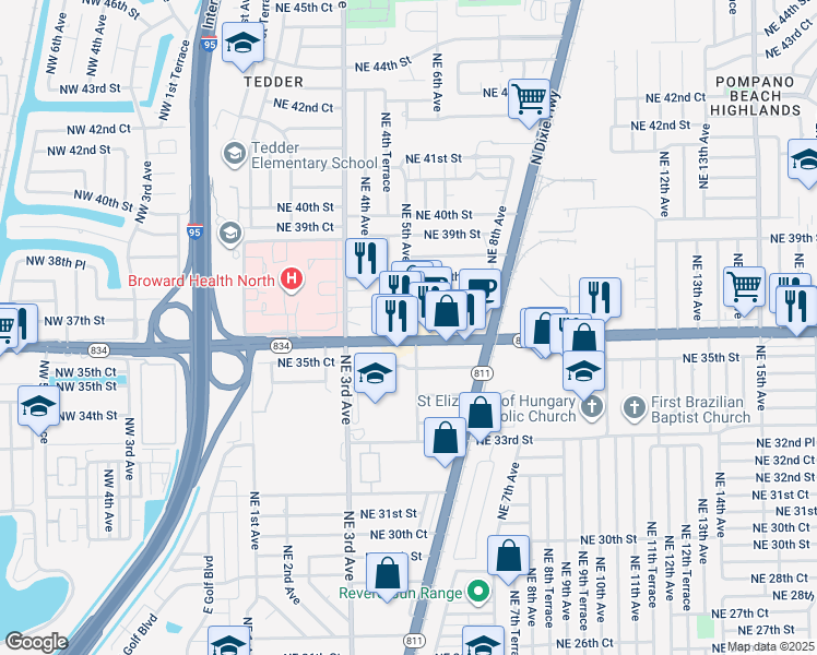 map of restaurants, bars, coffee shops, grocery stores, and more near 525 East Sample Road in Pompano Beach