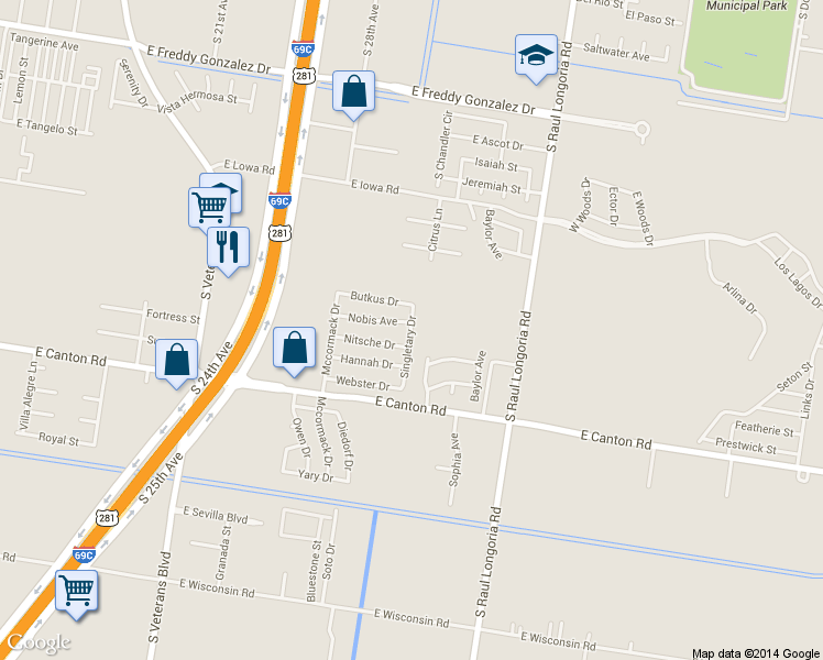 map of restaurants, bars, coffee shops, grocery stores, and more near 2504 Singletary Drive in Edinburg