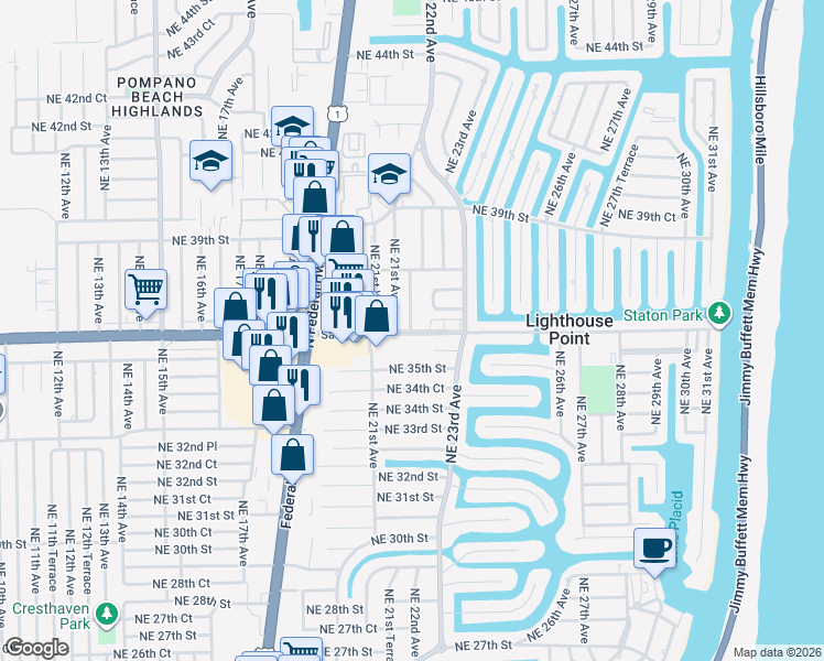map of restaurants, bars, coffee shops, grocery stores, and more near 36 Northeast 36th Street in Lighthouse Point