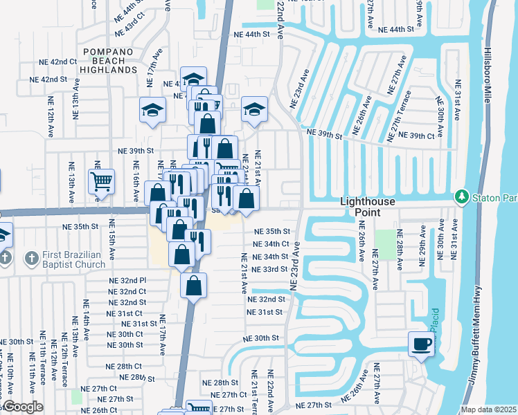 map of restaurants, bars, coffee shops, grocery stores, and more near 36 Northeast 36th Street in Lighthouse Point