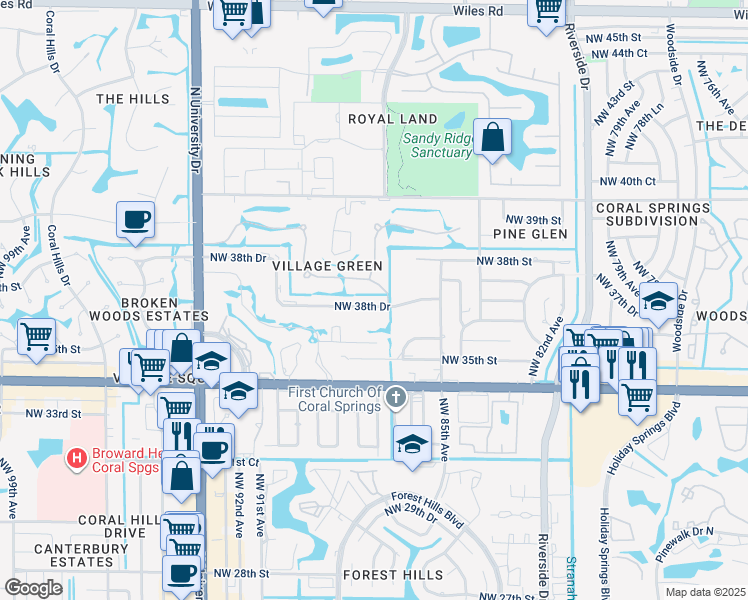 map of restaurants, bars, coffee shops, grocery stores, and more near 8703 Northwest 38th Drive in Coral Springs