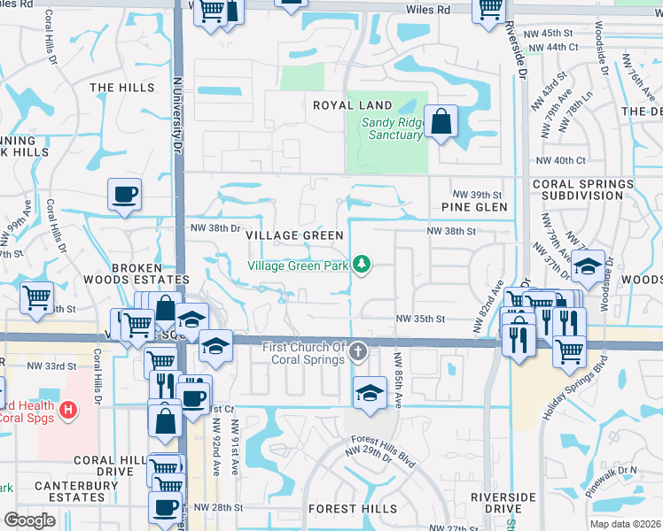 map of restaurants, bars, coffee shops, grocery stores, and more near 8703 Northwest 38th Drive in Coral Springs