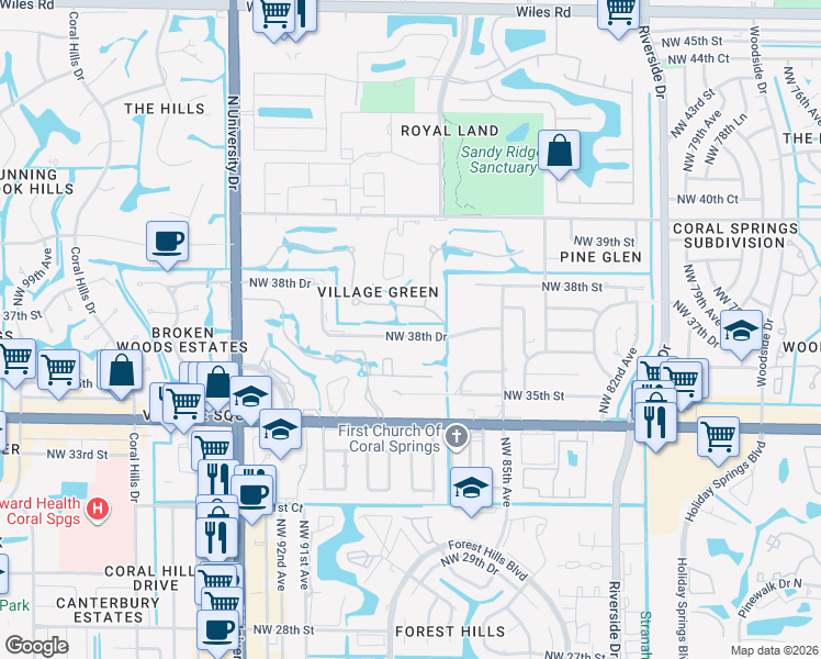 map of restaurants, bars, coffee shops, grocery stores, and more near 8801 Northwest 38th Drive in Coral Springs