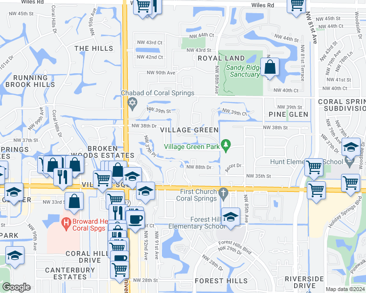 map of restaurants, bars, coffee shops, grocery stores, and more near 8905 Northwest 38th Drive in Coral Springs
