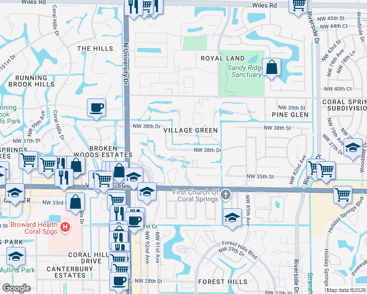 map of restaurants, bars, coffee shops, grocery stores, and more near 8905 Northwest 38th Drive in Coral Springs
