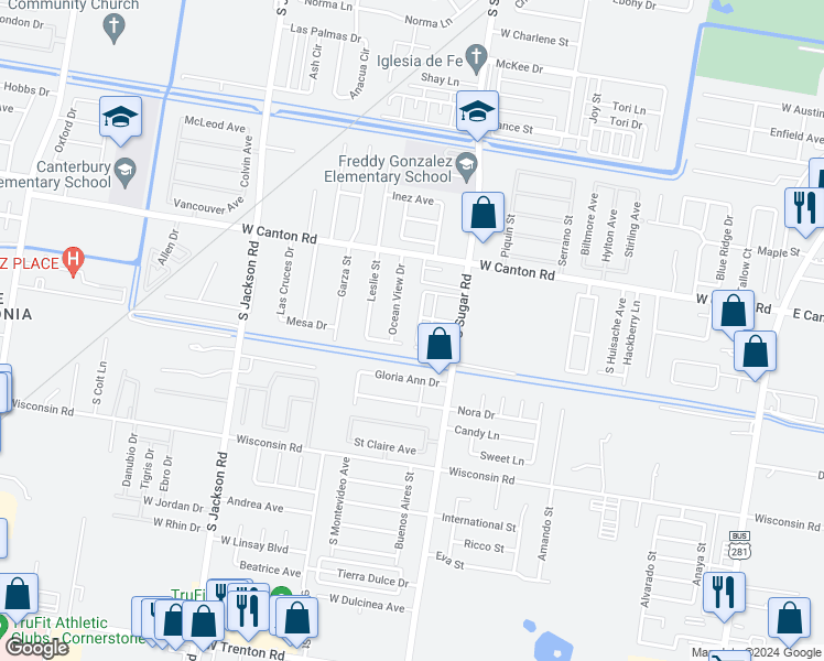 map of restaurants, bars, coffee shops, grocery stores, and more near 3116 Carson Street in Edinburg