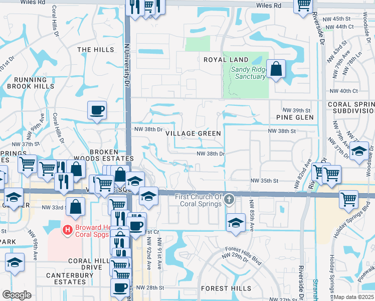 map of restaurants, bars, coffee shops, grocery stores, and more near 8905 Northwest 38th Drive in Coral Springs