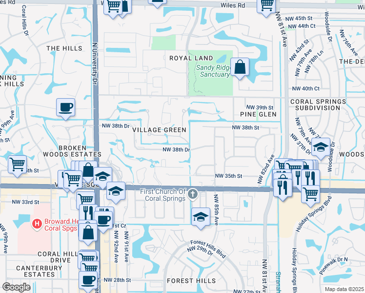 map of restaurants, bars, coffee shops, grocery stores, and more near 8703 Northwest 38th Drive in Coral Springs