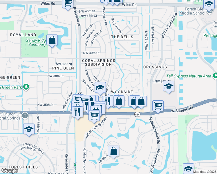 map of restaurants, bars, coffee shops, grocery stores, and more near 3740 Wilderness Way in Coral Springs