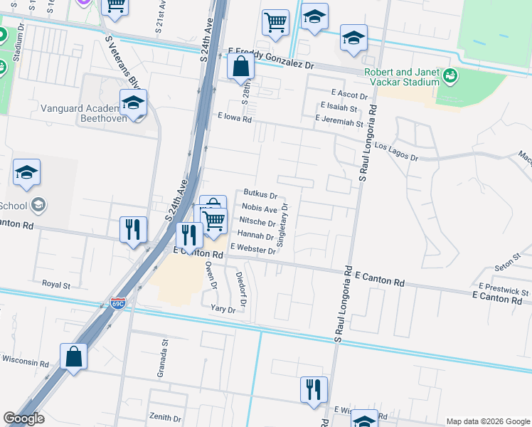 map of restaurants, bars, coffee shops, grocery stores, and more near 1907 Nitsche Drive in Edinburg