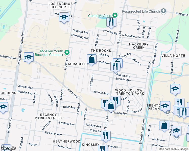 map of restaurants, bars, coffee shops, grocery stores, and more near 2513 Zenaida Avenue in McAllen