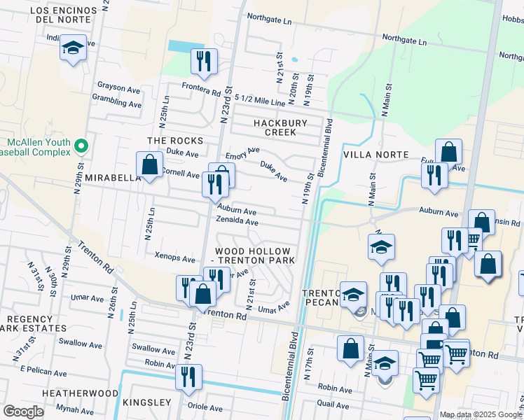 map of restaurants, bars, coffee shops, grocery stores, and more near 1945 Baylor Avenue in McAllen