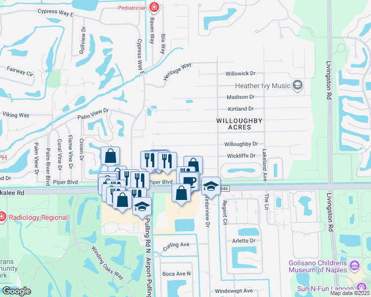 map of restaurants, bars, coffee shops, grocery stores, and more near 38 Willoughby Drive in Naples