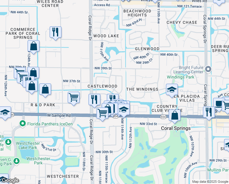 map of restaurants, bars, coffee shops, grocery stores, and more near 3651 Northwest 114th Avenue in Coral Springs