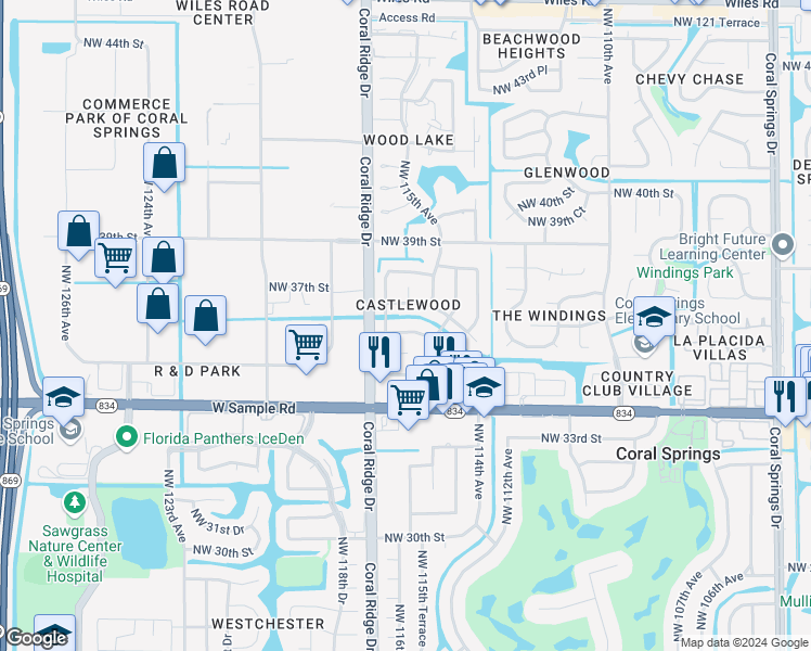map of restaurants, bars, coffee shops, grocery stores, and more near 11627 Northwest 36th Street in Coral Springs