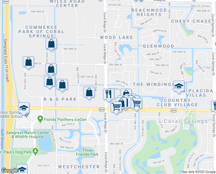 map of restaurants, bars, coffee shops, grocery stores, and more near 11627 Northwest 36th Street in Coral Springs