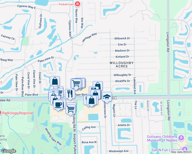 map of restaurants, bars, coffee shops, grocery stores, and more near 42 Willoughby Drive in Naples