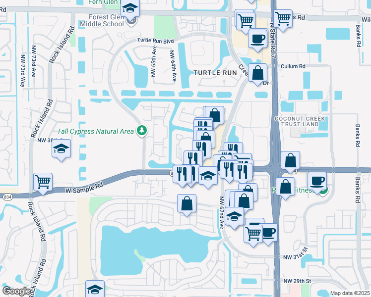 map of restaurants, bars, coffee shops, grocery stores, and more near 3600 Terrapin Lane in Coral Springs