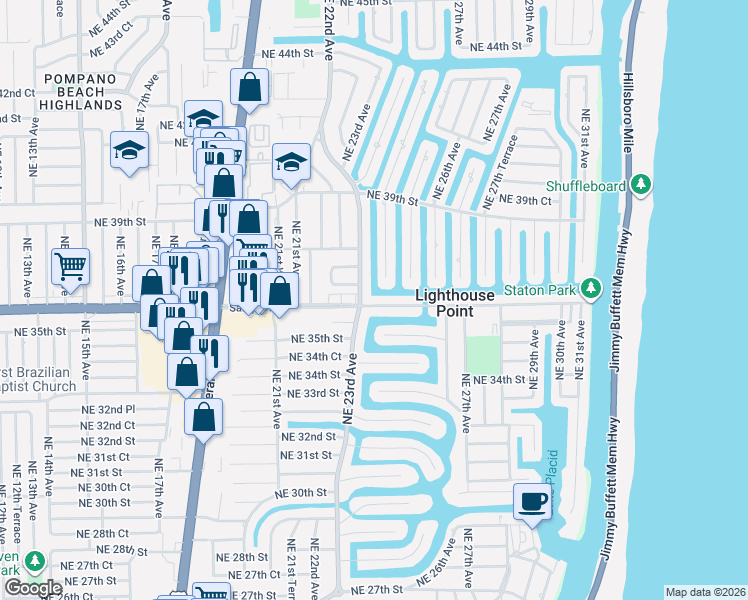 map of restaurants, bars, coffee shops, grocery stores, and more near 101 Sample Road in Lighthouse Point