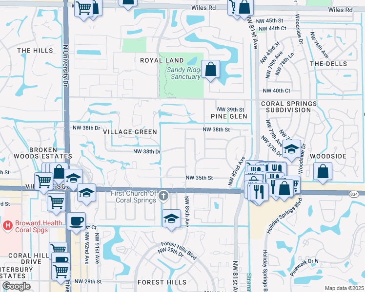 map of restaurants, bars, coffee shops, grocery stores, and more near in Coral Springs