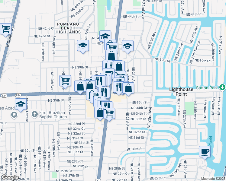 map of restaurants, bars, coffee shops, grocery stores, and more near 3600 North Federal Highway in Pompano Beach