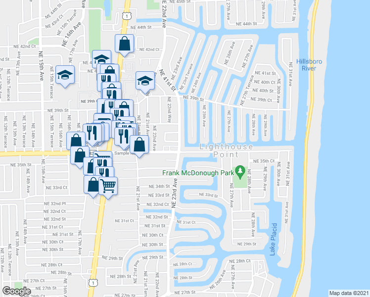 map of restaurants, bars, coffee shops, grocery stores, and more near 101 Sample Road in Lighthouse Point
