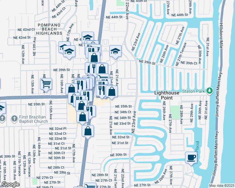 map of restaurants, bars, coffee shops, grocery stores, and more near 36 Northeast 36th Street in Lighthouse Point