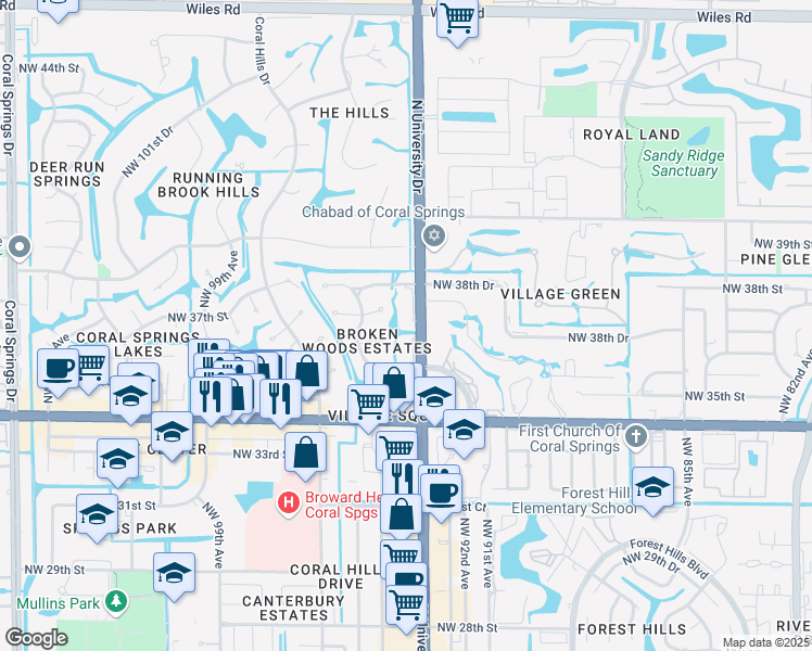 map of restaurants, bars, coffee shops, grocery stores, and more near 9402 Northwest 36th Court in Coral Springs