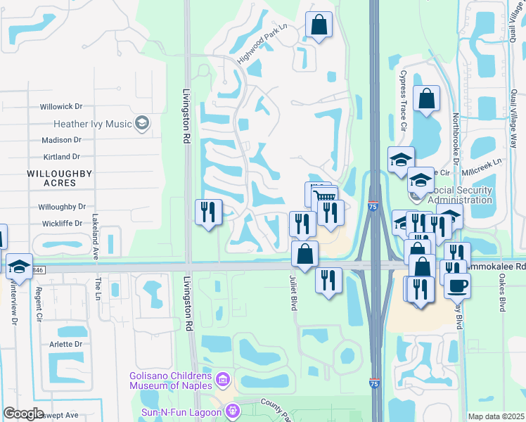 map of restaurants, bars, coffee shops, grocery stores, and more near 5120 Cedar Springs Drive in Naples