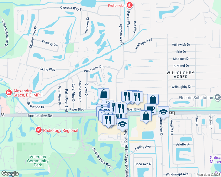 map of restaurants, bars, coffee shops, grocery stores, and more near 151 Cypress Way East in Naples