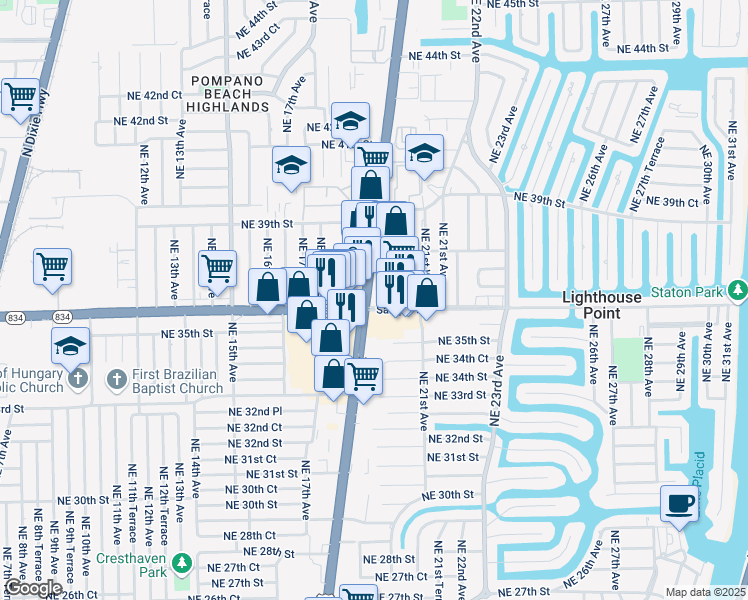 map of restaurants, bars, coffee shops, grocery stores, and more near 3600 North Federal Highway in Pompano Beach