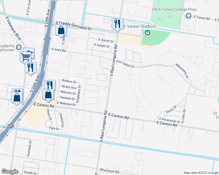 map of restaurants, bars, coffee shops, grocery stores, and more near South Raul Longoria Road in Edinburg