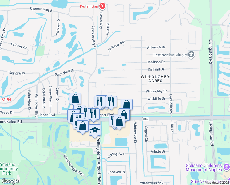 map of restaurants, bars, coffee shops, grocery stores, and more near 4 Willoughby Drive in Naples
