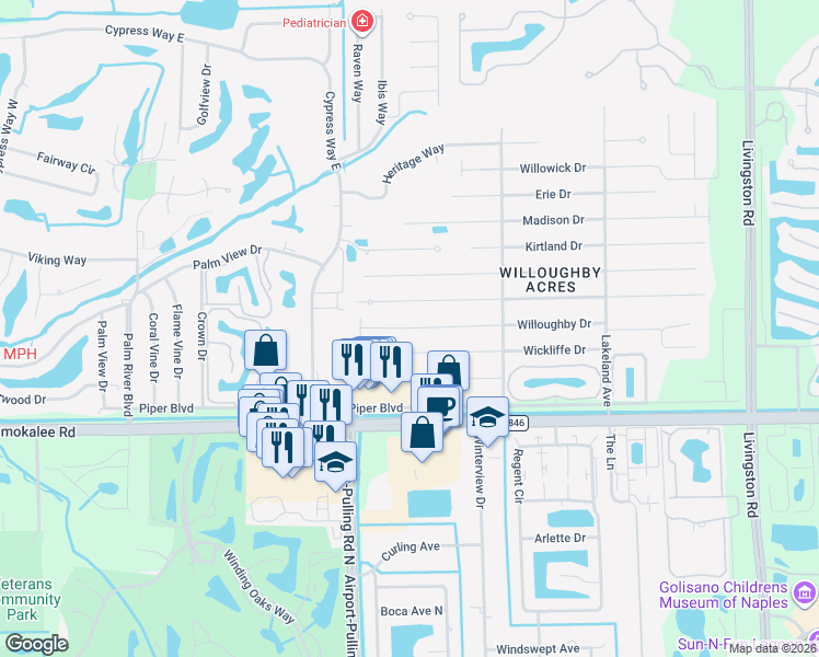 map of restaurants, bars, coffee shops, grocery stores, and more near 18 Willoughby Drive in Naples