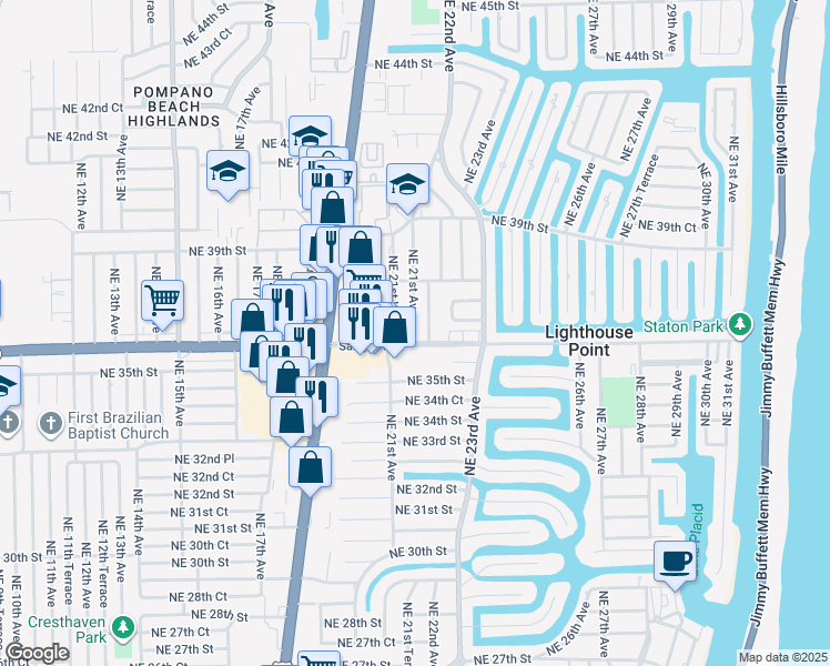 map of restaurants, bars, coffee shops, grocery stores, and more near 36 Northeast 36th Street in Lighthouse Point