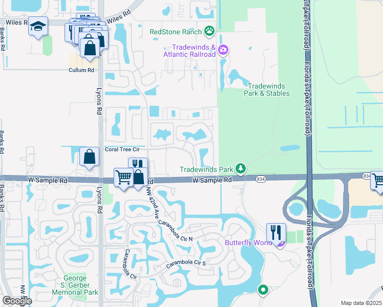 map of restaurants, bars, coffee shops, grocery stores, and more near 4101 West Sample Road in Coconut Creek