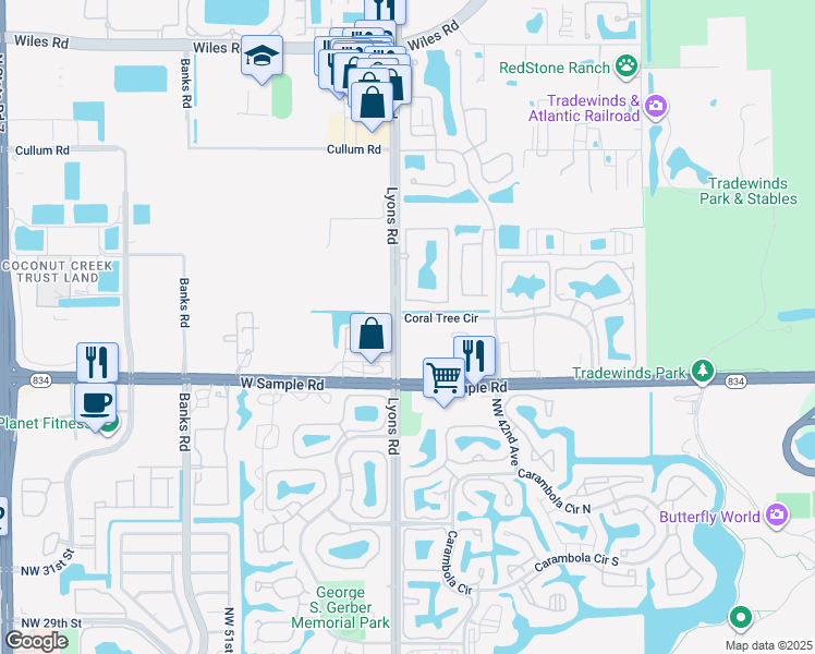 map of restaurants, bars, coffee shops, grocery stores, and more near 3740 Lyons Road in Coconut Creek