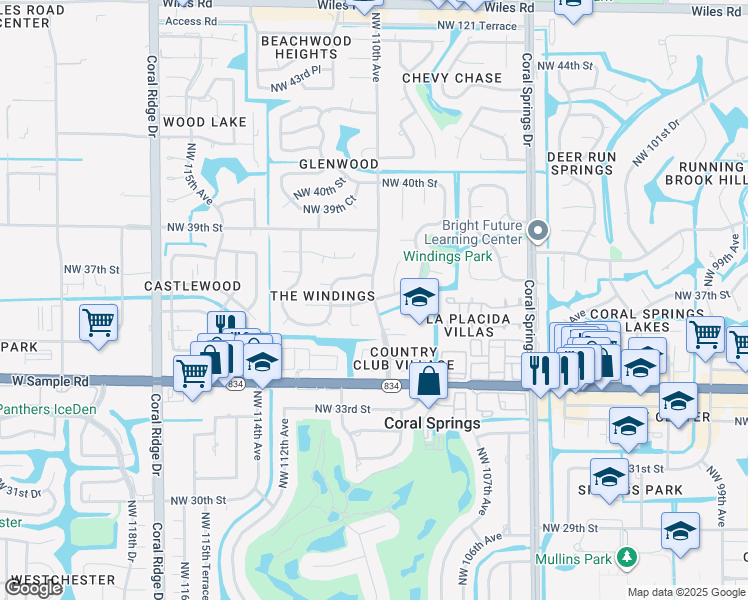 map of restaurants, bars, coffee shops, grocery stores, and more near 3631 Northwest 110th Avenue in Coral Springs