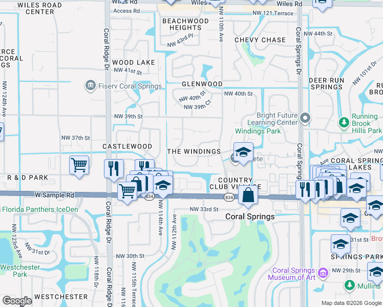 map of restaurants, bars, coffee shops, grocery stores, and more near 11180 Northwest 36th Street in Coral Springs