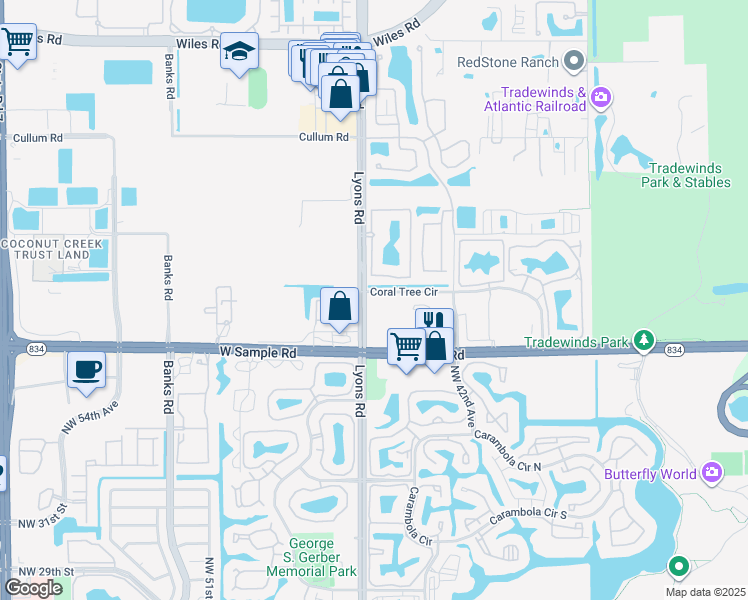 map of restaurants, bars, coffee shops, grocery stores, and more near 3740 Lyons Road in Coconut Creek